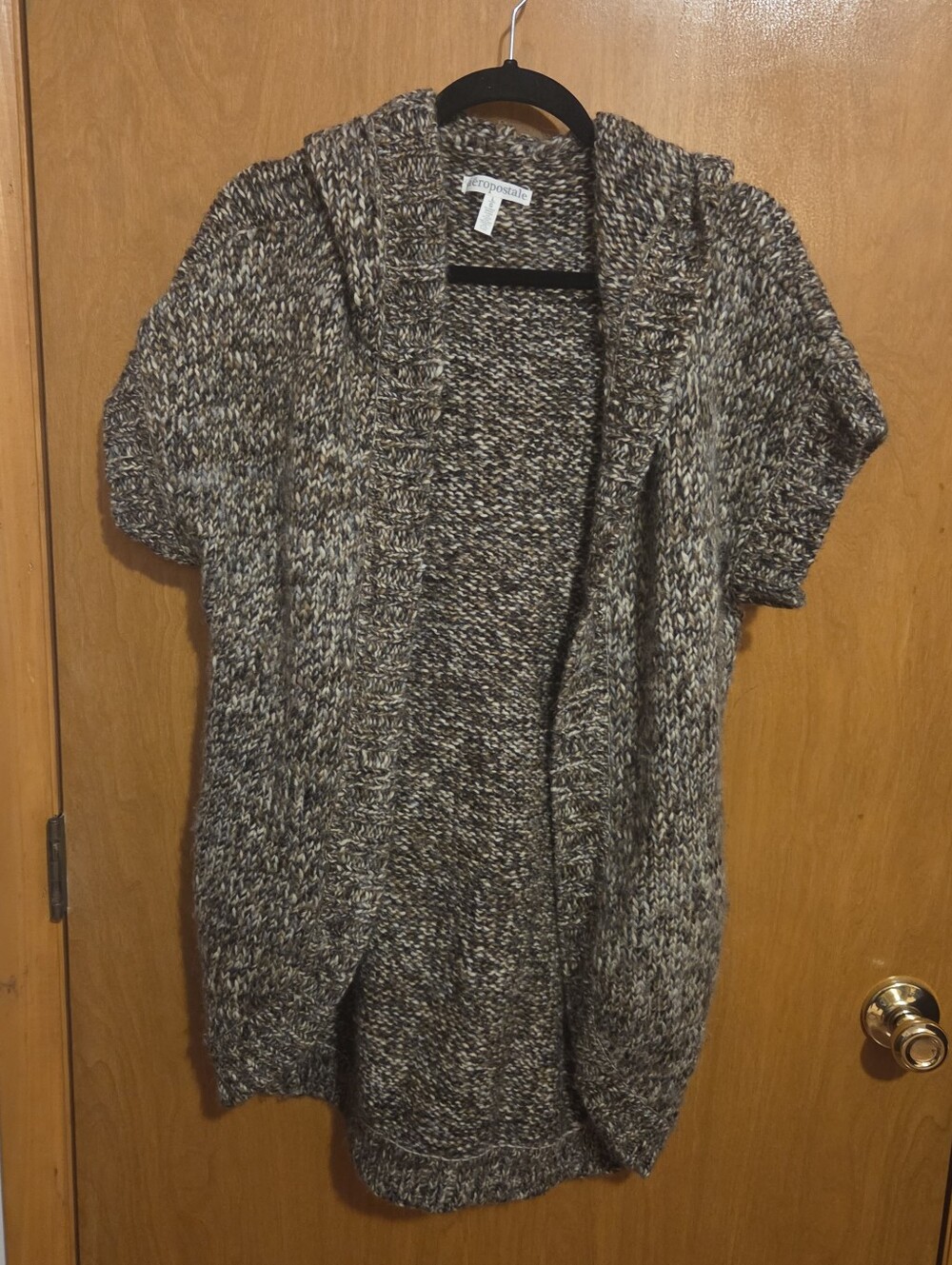 Aeropostale Marled Brown Open-Front Short-Sleeve Hooded Cardigan-Wool Blend, L